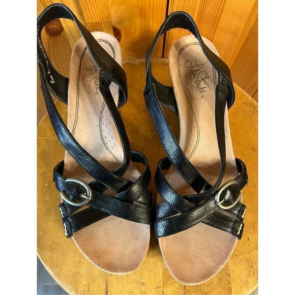 Life Stride Cork Wedge Black Strappy Sandals Size 8.5M - Picture 7 of 8